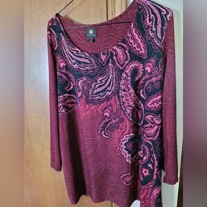 JM Collection Burgundy and Black Paisley Blouse